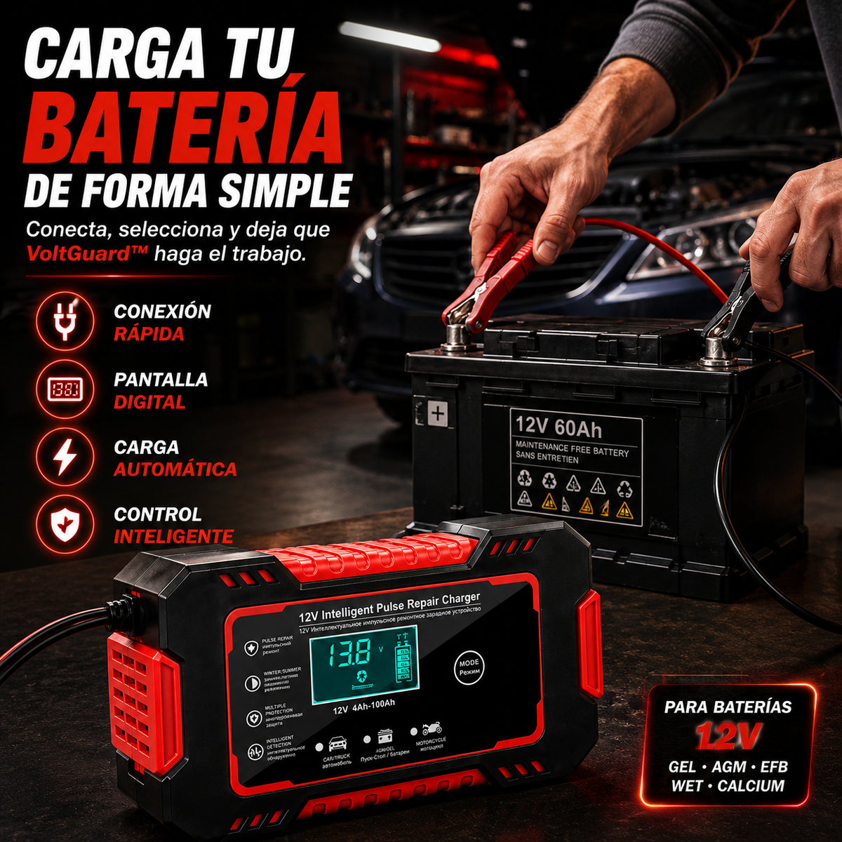 VoltGuard™ - Cargador Inteligente 12V para Baterías